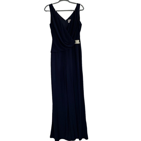 Anne Klein Navy Blue Pants Jumpsuit with gold logo buckle.‎ Size 10 - Picture 1 of 8